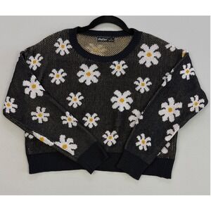 90s Y2K Daisy Cropped Sweater Retro Intarsia Knit Grandmillenial Pullover Small